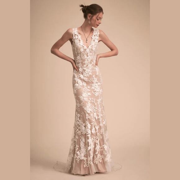 BHLDN Anthropologie Liesel Gown Lace Reversible Ivory/Nude Lining US 14 NWT - Picture 1 of 12